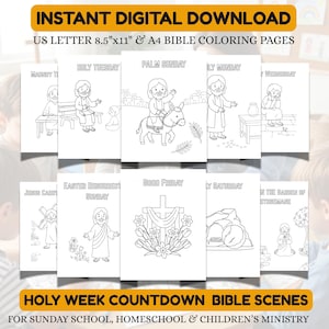 Peut inclure: Une collection de pages de coloriage bibliques en noir et blanc pour la Semaine sainte, illustrant des scènes comme le dimanche des Rameaux, le Vendredi saint et Pâques. Téléchargement numérique aux formats US Letter 8,5"x11" et A4.