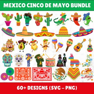Cinco De Mayo SVG PNG Bundle, Fiesta Clipart, Mexican Sombrero Cactus Food Maracas Festival Bigode Crânio Dia De Los Muertos Viva La Fiesta