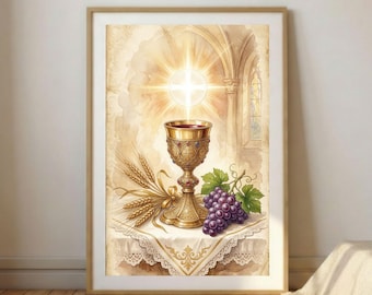Arte Eucaristica Cattolica, Poster Prima Comunione Moderno, Decorazione Cristiana Grano e Vite, Regalo Sacro, Download Digitale