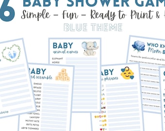 Blue Baby Shower Games Bundle, Minimalist Printables (Digital Download)