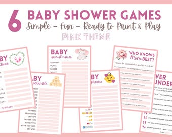 Pink Baby Shower Games Bundle, Minimalist Printable Activities (Digital Download)