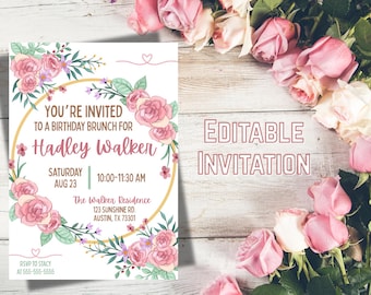 Floral Birthday Brunch Invitation Template, Editable (Digital Download)