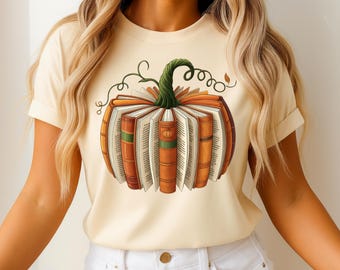 Fall Book Pumpkin PNG, Retro Autumn Reading Sublimation Design, Cozy Pumpkin Season Digital Download for Teachers, Librarian Halloween Shirt