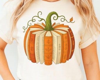 Fall Book Pumpkin PNG, Retro Autumn Reading Sublimation Design, Cozy Pumpkin Season Digital Download for Teachers, Librarian Halloween Shirt