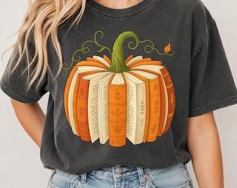 Höstbokpumpa PNG, boklig pumpa PNG, höstläsningsdesign, Halloween-bokälskaresublimering, höstskjortagrafik