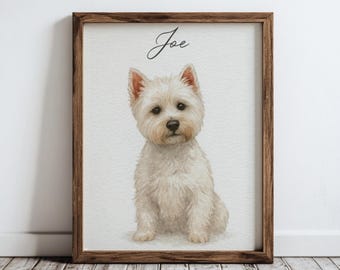 Pode incluir: Retrato em aquarela de um West Highland White Terrier, emoldurado em madeira escura. O cão branco e fofo está sentado e olhando para a frente. O nome "Joe" está escrito acima do cão em itálico.