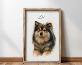 May include: A framed watercolor print of a dog with brown, black, and tan fur. The dog's name, "Leo," is written in cursive at the top. The frame is made of light-colored wood, and the print is displayed on a white background.