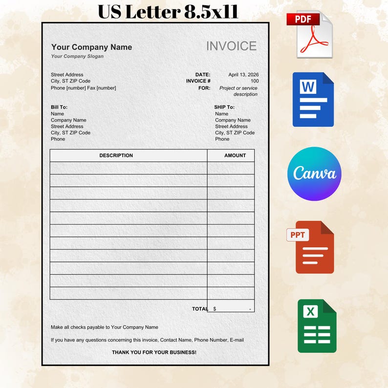 Editable Invoice Template US Letter 8.5x11 | Canva, Word, Excel ...
