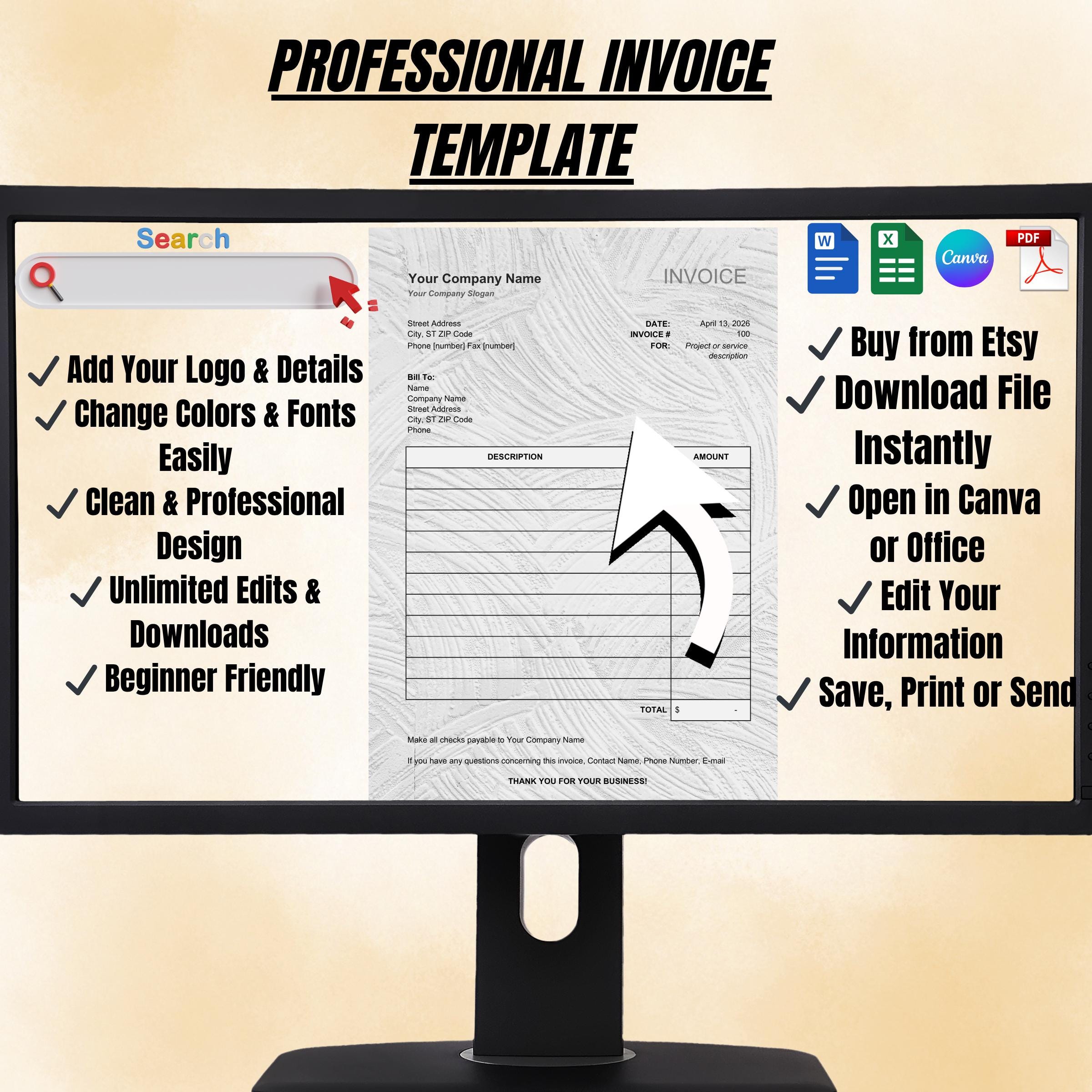 Editable Invoice Template US Letter 8.5x11 | Canva, Word, Excel ...