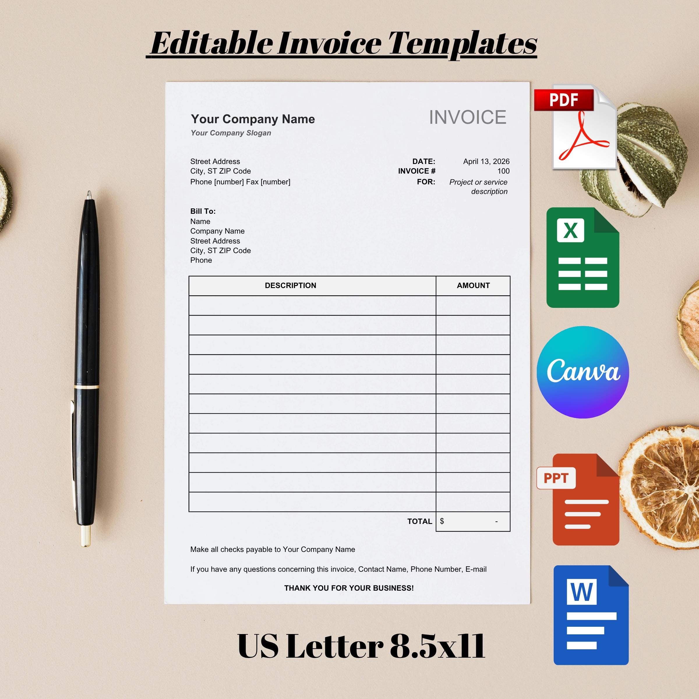 Editable Invoice Template US Letter 8.5x11 | Canva, Word, Excel ...