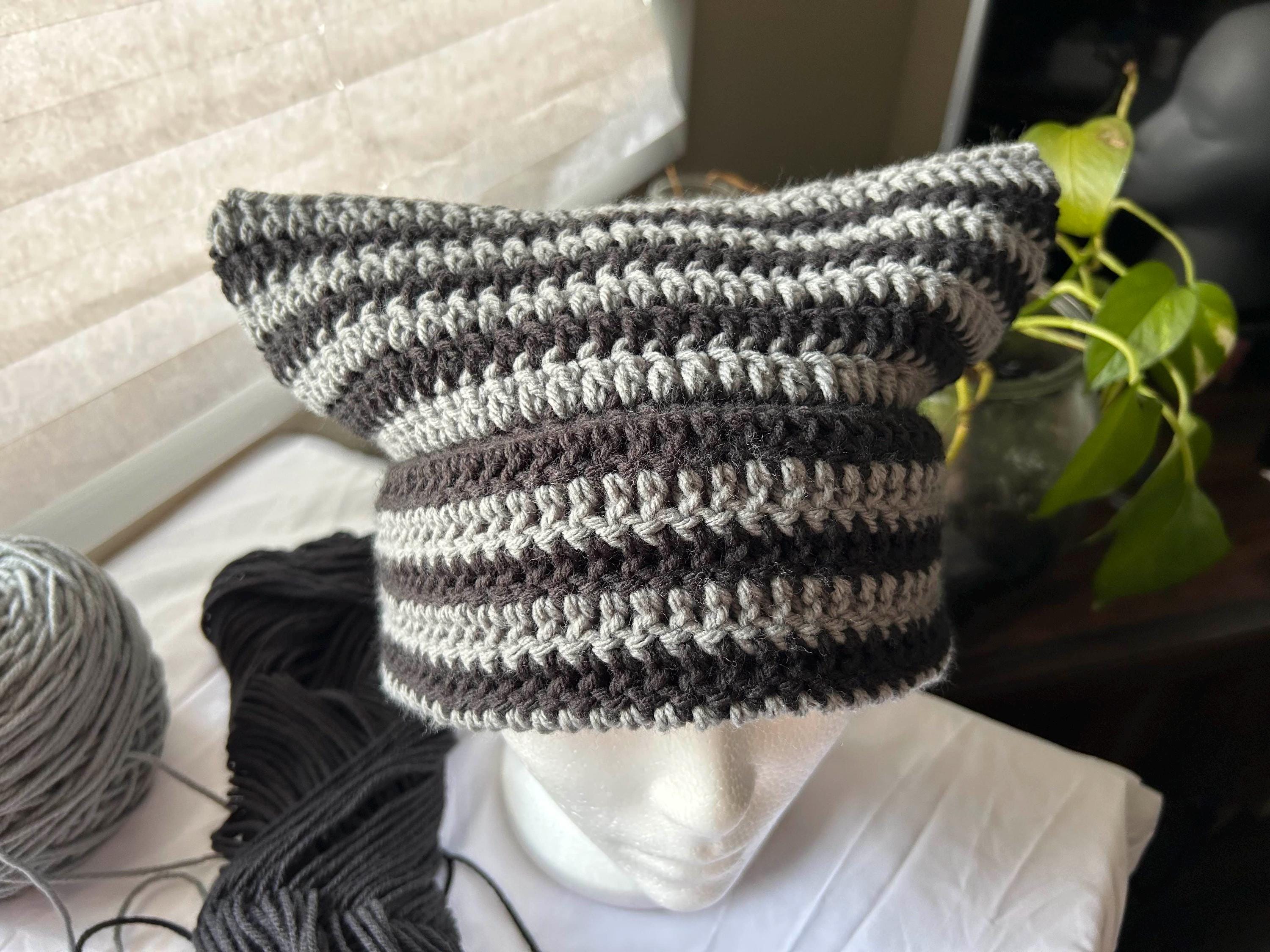 Beanie Hat with Ears - Striped Cat Design, Acrylic How To Crochet Cat Beanie | The Cutest Striped Hat for  main image 4