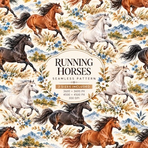 May include: A seamless pattern featuring brown, black, and white horses running through a landscape of blue mountains, green trees, and white and blue flowers. The center text reads RUNNING HORSES SEAMLESS PATTERN 2 SIZES INCLUDED 3600 x 3600 PX 4500 x 4500 PX 300 DPI.