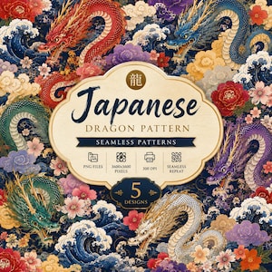 May include: A digital graphic featuring a Japanese dragon pattern with five seamless designs. The text reads: 龍, Japanese DRAGON PATTERN, SEAMLESS PATTERNS, PNG FILES, 3600x3600 PIXELS, 300 DPI, SEAMLESS REPEAT, 5 DESIGNS. Dragons, waves, and flowers.