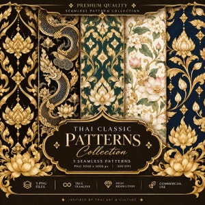 Puede incluir: Una colección digital de cinco patrones sin costuras con motivos tailandeses clásicos en oro, negro, verde oscuro y crema. La imagen muestra flores de loto, volutas intrincadas y un diseño de dragón, con el texto Thai Classic Patterns Collection.