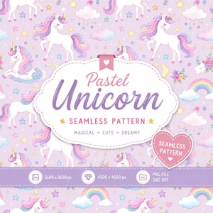 Könnte beinhalten: Ein nahtloses digitales Muster mit weißen Einhörnern mit bunten Mähnen und Schweifen, Wolken, Regenbögen und Sternen auf hellviolettem Hintergrund. Ein zentrales Etikett zeigt den Text Pastel Unicorn SEAMLESS PATTERN MAGICAL CUTE DREAMY.