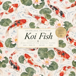 May include: A seamless digital pattern featuring watercolor koi fish in shades of orange, white, and black swimming among green lily pads and pink lotus flowers. The central text reads: Seamless Pattern Koi Fish High Resolution Digital Paper.
