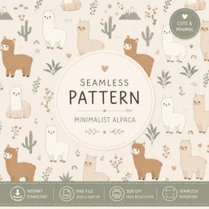 May include: A seamless pattern featuring white and brown alpacas, cacti, and small plants on a beige background. The central circular text reads SEAMLESS PATTERN MINIMALIST ALPACA, with a small badge stating CUTE & MINIMAL. Bottom text includes INSTANT DOWNLOAD, PNG FILE 3600 X 3600 PX, 300 DPI HIGH RESOLUTION, and SEAMLESS REPEATING.