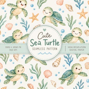 Pode incluir: Um padrão digital sem costuras com ilustrações em aguarela de tartarugas marinhas verdes, estrelas-do-mar cor de laranja, conchas cor-de-rosa e algas azuis sobre um fundo creme. Uma etiqueta circular central exibe o texto Cute Sea Turtle Seamless Pattern.