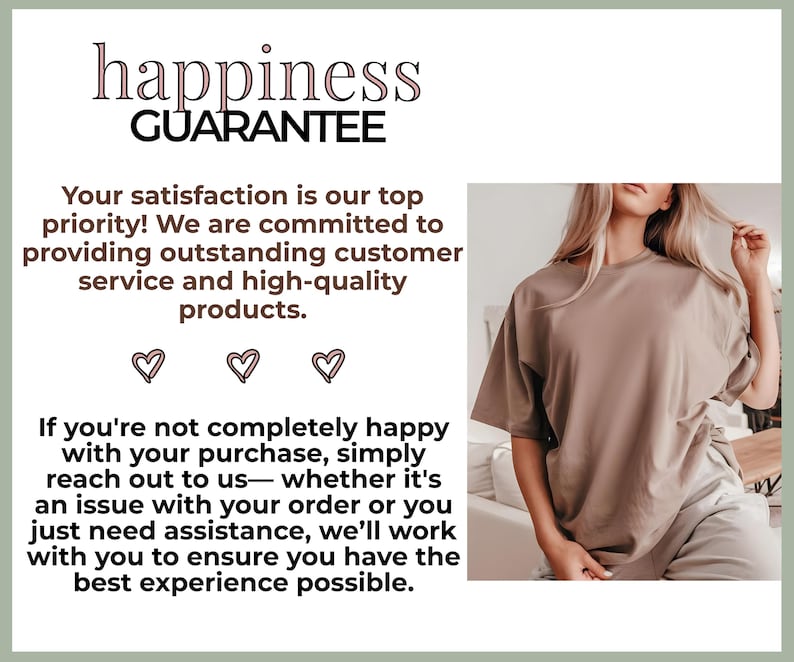 K&ouml;nnte beinhalten: Ein braunes, kurz&auml;rmeliges T-Shirt mit Rundhalsausschnitt. Oben im Bild steht der Text "happiness guarantee". Der Text darunter lautet: "Ihre Zufriedenheit ist unsere oberste Priorit&auml;t! Wir sind bestrebt, einen hervorragenden Kundenservice und hochwertige Produkte zu liefern. Wenn Sie mit Ihrem Kauf nicht vollst&auml;ndig zufrieden sind, wenden Sie sich einfach an uns - egal, ob es sich um ein Problem mit Ihrer Bestellung handelt oder Sie einfach Hilfe ben&ouml;tigen, wir arbeiten mit Ihnen zusammen, um sicherzustellen, dass Sie die bestm&ouml;gliche Erfahrung machen."