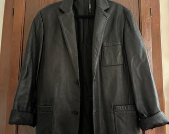 Chaqueta de trabajo vintage de cuero negro de Perry Ellis