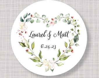 Round Custom Soft French Floral Heart Wreath Wedding Bridal Baby Shower Birthday Party Favor Stickers Labels