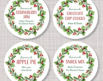 Round Custom Christmas Food Treats Cookies Jam Pie Cakes Snacks Wreath Stickers Labels