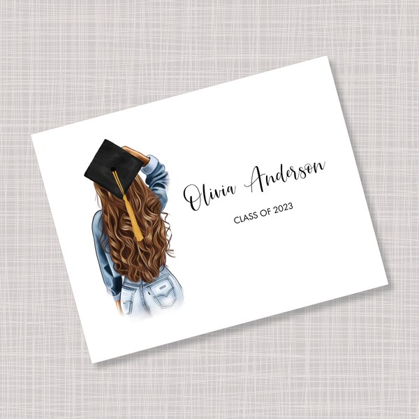 Custom Casual Fashion Girls Graduation Thank You Note Cards - Long Brown Hair - Cap Color Options