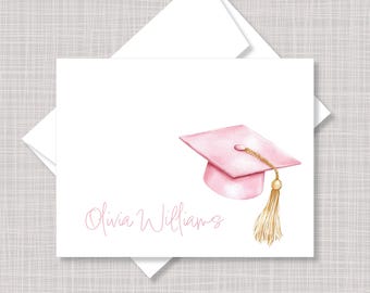 Custom Printed Pink Graduation Cap Thank You Note Cards & Envelopes