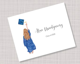 Custom Printed Fun Fashion Girls Blue Graduation Thank You Note Cards - Hair Color Options