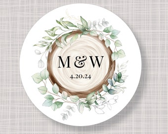 Round Rustic Wood Greenery Monogram Wedding Party Favor Stickers Labels