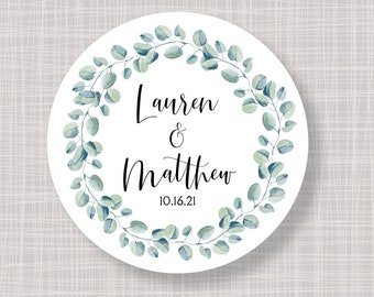 Round Custom Greenery Eucalyptus Wreath Thank You Wedding Favor Bridal Shower Birthday Stickers Labels