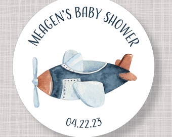 Round Blue Airplane Baby Shower Birthday Party Favor Stickers Labels