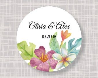 Round Hawaiian Tropical Flowers Custom Thank You Wedding Favor Bridal Shower Birthday Stickers Labels