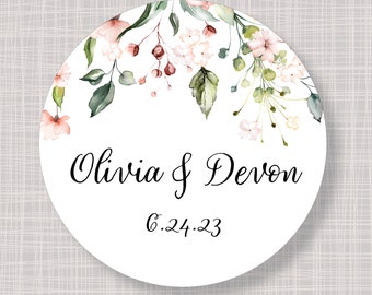 Round Custom Soft Top French Floral Flower Greenery Wedding Bridal Baby Shower Birthday Party Favor Stickers Labels