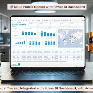 Op de afbeelding: Een laptopcomputer die een Power BI-dashboard weergeeft met een vaardigheidsmatrixtracker. Het dashboard bevat grafieken, diagrammen en een kaart. De tekst "Skills Matrix Tracker with Power BI Dashboard" wordt bovenaan het scherm weergegeven. De tekst "EASY TO USE" wordt weergegeven op een gouden lint.