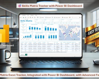 May include: A laptop computer displaying a Power BI dashboard with a skills matrix tracker. The dashboard includes charts, graphs, and a map. The text "Skills Matrix Tracker with Power BI Dashboard" is displayed at the top of the screen. The text "EASY TO USE" is displayed on a gold ribbon.