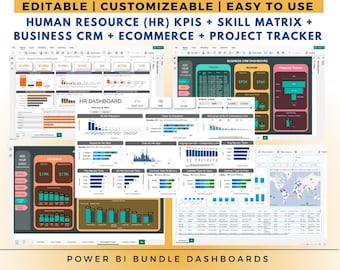 Puede incluir: Un gráfico digital que muestra un paquete de 5 Power BI. El paquete incluye paneles editables y personalizables para KPI de RRHH, matriz de habilidades, CRM empresarial, comercio electrónico y seguimiento de proyectos. El texto es "The Misfits Products Etsy Shop."