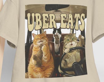 Maglietta divertente con gatto alla guida - Maglietta grafica con gatto sarcastico e caotico - Maglietta satirica vintage con consegna di cibo, Maglietta con umorismo nero di Uber Eats, Maglietta divertente da regalare