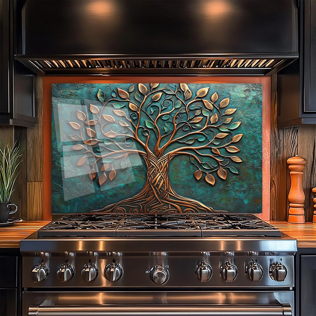 Fireproof Backsplash- Tree of Life Tempered Glass Backsplash Green ...