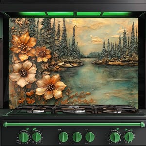 Floral Backsplash, Lake& Flowers Tempered Glass Stove Backsplash, Kitchen Backsplash , Oven Splashback, Sink Backsplash, Stove Back Cover