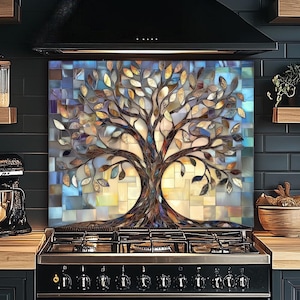 Stained Glass Look Tree of Life Backsplash for Stove Back, Tempered Glass Splashback ,Kitchen Backsplash Panel Behind Sink, Stove Back Cover