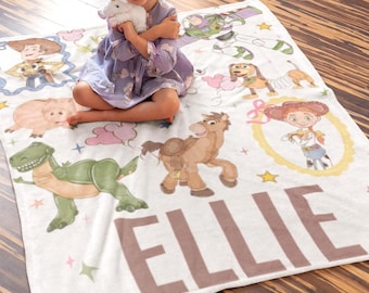 Retro Coquette Disney Toy Story Blanket for Kids, Custom Name Toy Story Characters Throw Blanket, Gift to Niece Nephew Disney Bedding Gift