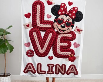 Manta personalizada con diseño de ratón de dibujos animados - Estampado plano con efecto de hilo sintético - Manta de San Valentín coqueta - Regalo para niños con nombre personalizado - Manta con nombre para niños