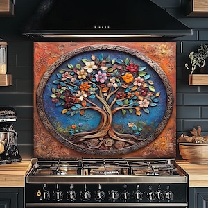 Arbre de vie floral, dosseret, dosseret de cuisine derrière l'évier, dosseret en verre trempé, couvercle arrière de la cuisinière, protection contre les éclaboussures d'évier - oeuvre d'art sur verre