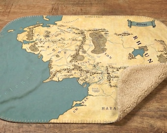 Manta Sherpa con mapa de fantasía vintage, manta para amantes de los libros, regalo para amantes de los libros, manta de la Tierra Media para amantes de los libros.