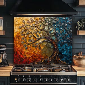 Stained Glass Look Tree of Life Tempered Glass Backsplash, Stove Backsplash,Oven Splashback for Kitchen, Sink Backsplash, Stove Back Cover