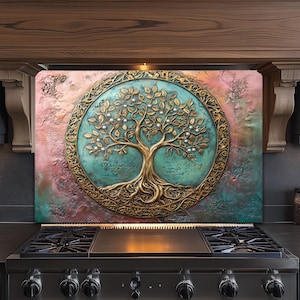 Tree Of Life Back Splash Panel, Copper Look Embellished Tree Of Life Glass Backsplash, Tempered Glass Backsplash-Stove Backsplash- Glass art