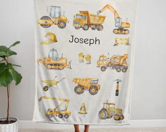 Coperta per neonati personalizzata con camion da costruzione, coperta in pile con nome personalizzato per neonati, coperta a tema camion dei cartoni animati per la cameretta dei bambini