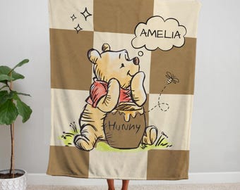Coperta di peluche con nome personalizzato per bambini Winnie The Pooh, coperta con nome personalizzato per bambini, nome del bambino sulla coperta, coperta Winnie The Pooh per neonati