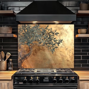 Gold Look Olive Tree Glass Backsplash Panel - Mediterranean Kitchen Splashback Art -Tempered Glass Wall Decor for Stove Area-Sink Backsplash